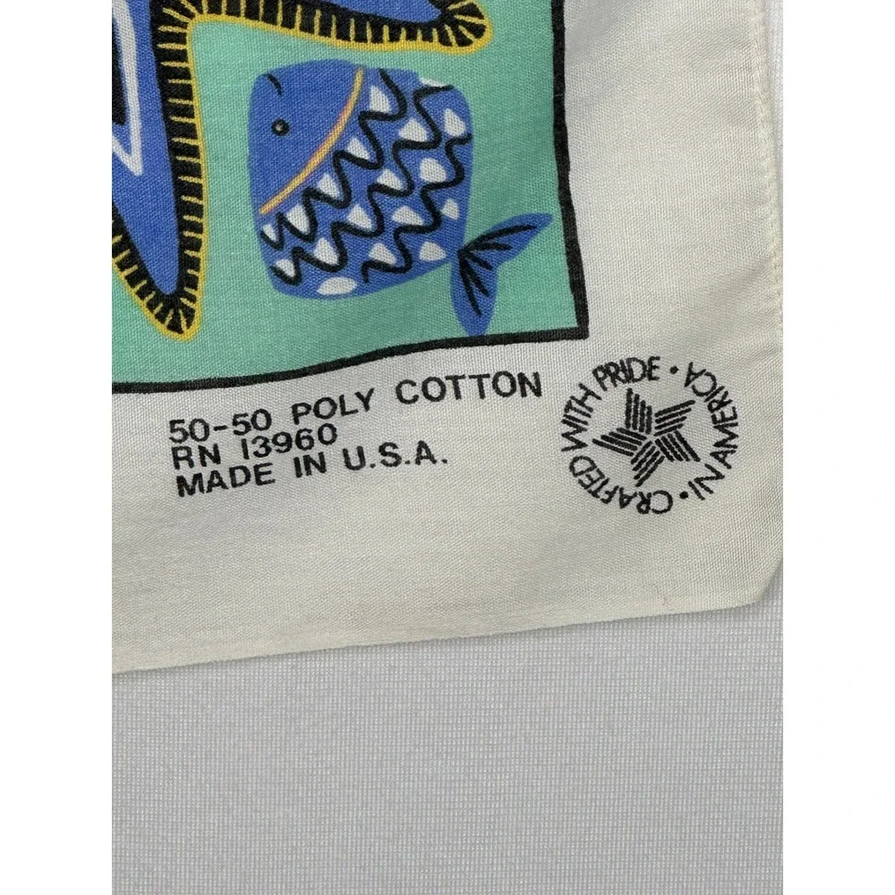 Vintage Sea Turtle Fish Bird Bandana White Blue Green Novelty Scarf Made in USA